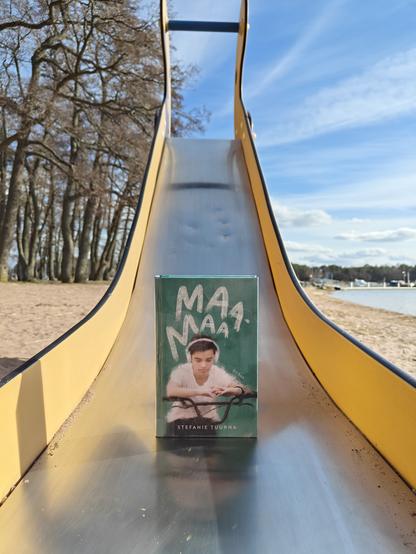 Kuvassa Maamaa-kirja kuvattuna liukumäen alaosassa.