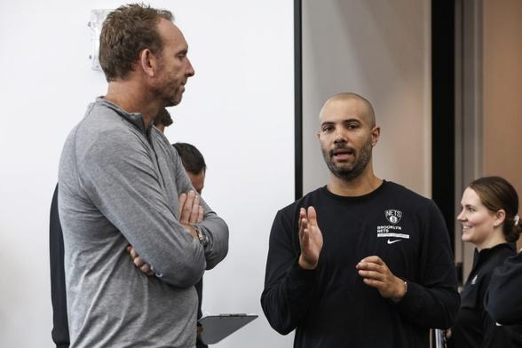 Brooklyn Nets general manager Sean Marks and head coach Jordi Fernandez