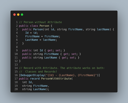 Source code to define classes or records of "Person"