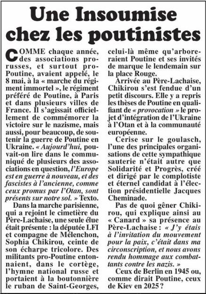 Photo de l'article sur deux colonnes paru dans le Canard Enchaîné cette semaine, avec le titre "Une Insoumise chez les poutinistes".