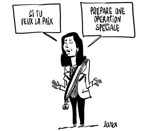 Dessin paru sur le site du Canard Enchâiné représentant Sophia Chikirou, avec son écharpe de députée, en train d'expliquer : "Qui veut la paix... prépare une opération spéciale" (reprenant ainsi le terme officiel utilisé par Poutine pour éviter de reconnaître qu'il a déclaré la guerre à l'Ukraine).