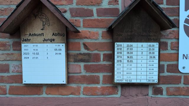 Zwei Tafeln dokumentieren zu jedem Jahr das Datum des Abflugs der Störche nach Afrika sowie ihre Rückkehr. 2011 waren sie am 23. April zurückgekehrt, 2024 am 27. Januar.