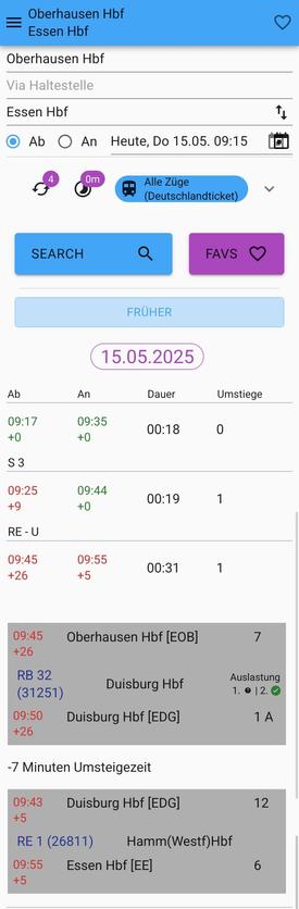 Bahnrouting mit bahn.expert: Für den Umstieg wird eine Zeit von minus sieben Minuten angegeben.