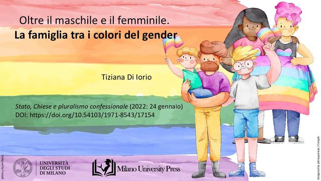Tiziana Di Iorio, 2022. “Oltre il maschile e il femminile. La famiglia tra i colori del gender” pubblicato su Stato, Chiese e pluralismo confessionale (2022) con DOI: https://doi.org/10.54103/1971-8543/17154.