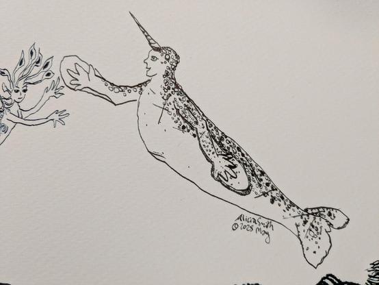 A merperson based on a narwhal format high fives the deepsea mer.