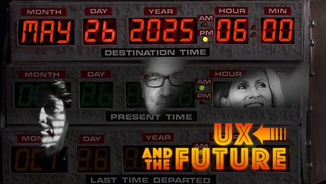 Alte Konsole mit der Datumsanzeige: MAY 26 2025
3 überlagerte Köpfe.
Titel: UX and the FUTURE