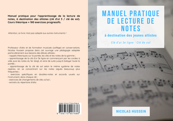 Couverture livre : Nicolas Hussein, Manuel pratique de lecture de notes à destination des jeunes altistes (clé d'ut 3e ligne - clé de sol)