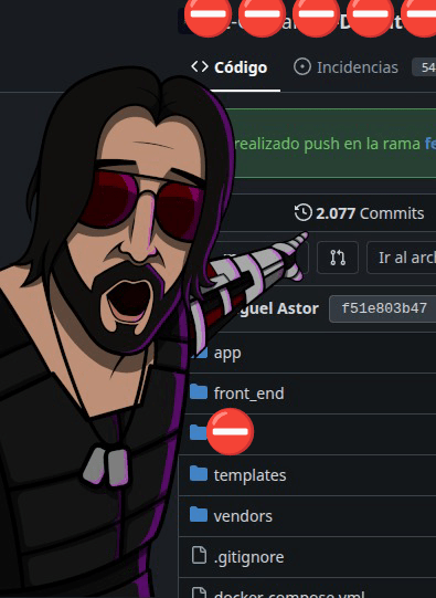 A meme showing a cartoon of Jhonny Silverhand from Cyberpunk 2077 pointing to a label showing 2077 commits in the repo from my job.