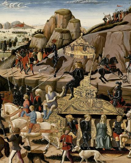 Detail from ‘The Triumph of Camillus’, c. 1470/1475 attributed to Biagio d’Antonio and Workshop. This detail showcases a supremely anachronistic chariot with Camillus (and everyone else) in medieval style dress. But keep an eye on those white horses…