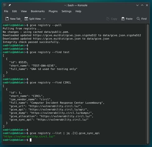 A screenshot of a terminal under KDE showcasing the command used in order to pull updates from the GCVE registry.