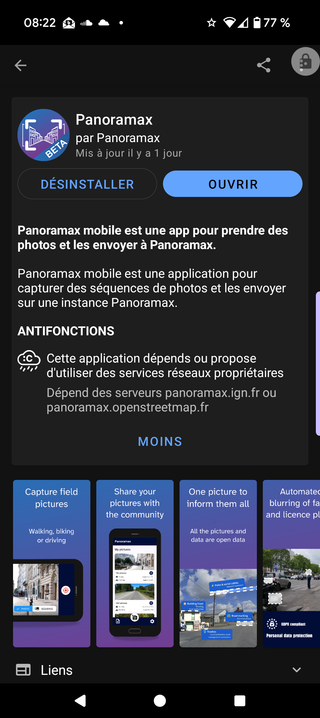 Copie d'écran de l'app Panoramax sur F-Droid.