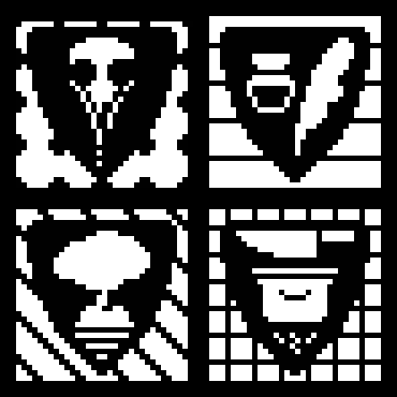 Four panels presenting four coat of arms, the first contains a crow skull, the second one a quill and an inkwell, the third a tree on a tiny island overlooking a body of water and the last one a knife over a cooking pot with some flames underneath. All in 1 bit pixel art style, pure black and white palette.