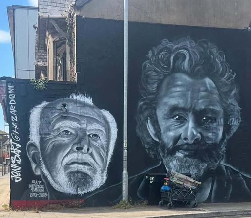 Murals of Meyrick and Michael Sheen on Forge Road in Port Talbot