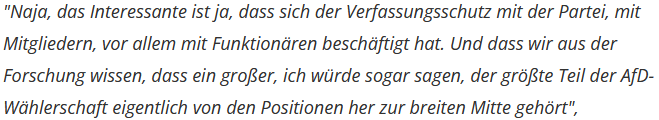 Jörg Schönenborn, WDR-Programmdirektor über die AfD und deren Wähler.

Zitat: 
"Also unsere große Chance als öffentlich-rechtlicher Rundfunk – ich finde auch als Gesellschaft – ist, dass (…) eine Mehrheit eigentlich auf dem festen Boden unserer gesellschaftlichen Mitte steht und trotzdem wütend und distanziert ist. Und das ist die Gruppe, um die es im Kern geht."