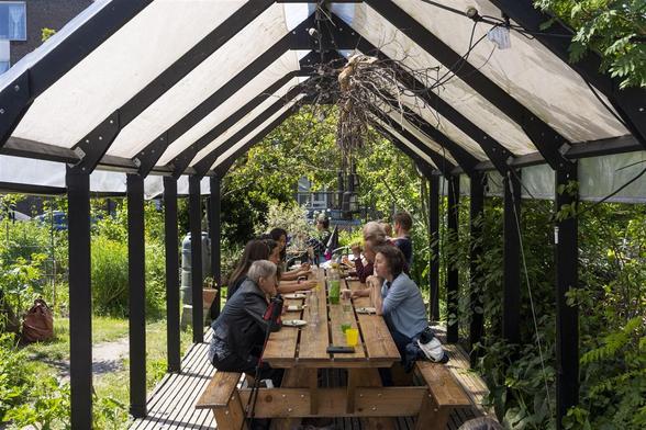 Groepje vrijwilligers aan een overdekte tafel midden in het groen.