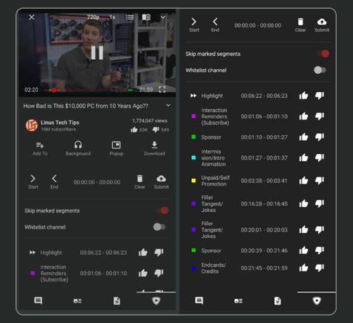 Screenshot of the Tubular Android app playing a YouTube video titled "How Bad is This $10,000 PC from 10 Years Ago??" by Linus Tech Tips. The interface shows SponsorBlock integration with a detailed list of segments (e.g., sponsor, filler, intro, self-promotion) marked by colored labels and timestamps. Users can skip segments, vote on their accuracy, and submit new ones. The video player is at 2:20 of a 21:59 video, with download, popup, and background playback options visible.