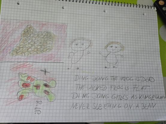 Versuch, eine Wand zu zeichnen mit Riss 
Darunter ein völlig entstellter Frosch,
Daneben zwei tanzende Strichfrauen
Darunter ein Gedicht