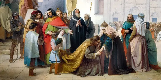 Dipinto di Hayez che ritrae l'incontro fra la regina Adelaide e l'imperatore Ottone, che poi la sposò. Ottone, al centro della scena, si inchina a baciare la mano della regina mentre preti, cortigiani e popolani osservano. Un giovane paggio porta la corona che Ottone si è levato dal capo per inchinarsi