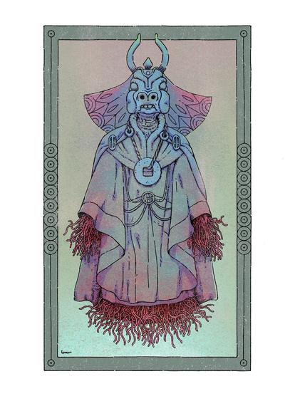 Illustration of a strange ghost with a cow-like mask, and creepy tendrils coming out from below their tunic.