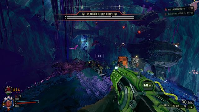 Screenshot of the game "Deep Rock Galactic". The player is currently fighting a dreadnought.