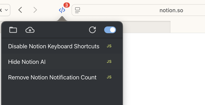Screenshot of Userscripts user interface in Safari with 3 custom scripts to block annoyances on notion.so website
