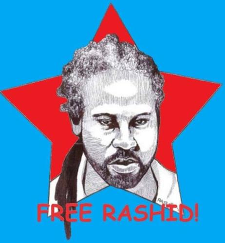 Self portrait sketch of Rashid in a red star with a BPP-blue background and the words "Free Rashid" in front
