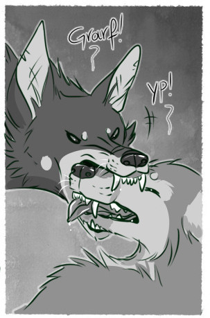 digital sketch, a dog biting (harmlessly) a wolf's muzzle