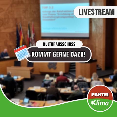 Zu sehen ist eine Totale des Plenarsaals unseres Düsseldorfer Rathauses. In einem weißen Kasten mit abgerundeten Ecken steht in schwarzer Sprache "Kulturausschuss". Darunter steht in einem anthrazitfarbenen Kasten mit weißen Buchstaben: „Kommt gerne dazu!"