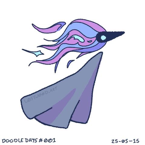 a simple line drawing of a ghost-like creature. it has a simple, pointed head and a triangular grey body. the head has a flamelike pattern coming off the back in shades of purple, and the body has cloth-like folds.  the background is plain white. 
text at the bottom reads "doodle days #001" and dates the drawing to 25-05-15.
