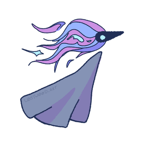 a simple line drawing of a ghost-like creature. it has a simple, pointed head and a triangular grey body. the head has a flamelike pattern coming off the back in shades of purple, and the body has cloth-like folds.  the background is transparent, and there's no bottom text in this version.