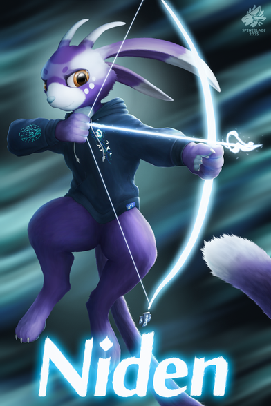 Digital painting of Niden, a purple spirit creature wearing a hoodie and aiming a glowing white bow made of spiritual energy.