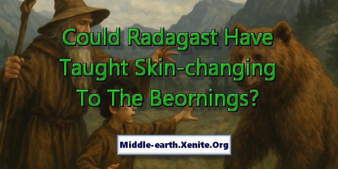 An artistic rendering of Radagast the Brown teaching skin-changing magic to a young boy under the words 'Could Radagast Have Taught Skin-changing To The Beornings?'