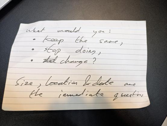 Front side of lined record card. At the top (in Sharpie) reads, "TFU 2025 - Research". Below that (in ballpoint pen) reads, "Research question: What do attendees need? Where / When / What / Size / Food / Accommodation. Approach: Survey + offer / target chats".