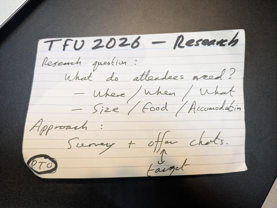 Front side of lined record card. From the top (in ballpoint pen) reads, "What would you: keep the same, stop doing, change? Size, location and date are the immediate questions."