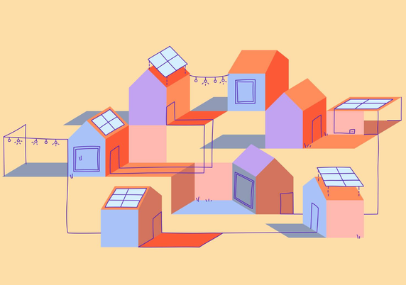 Illustration einer bunten Häusersiedlung mit vielen Photovoltaikanlagen auf den Dächern und Carports und einen leuchtenden Lichterketten, die zwischen den Häusern gespannt sind.
