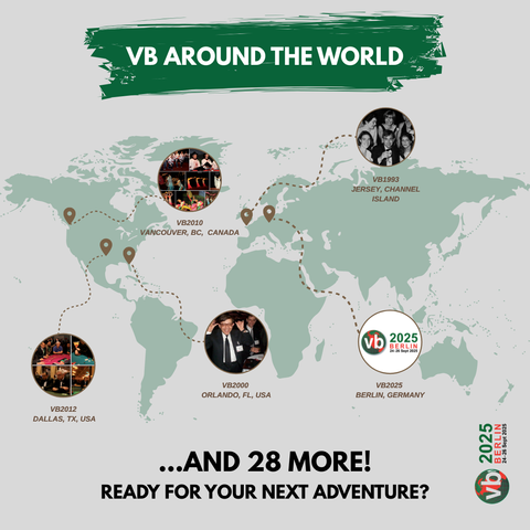 VB around the world - a map showing locations of VB2010 Vancouver, BC, Canda; VB2012 Dallas, TX, USA; VB2000 Orlando, FL, USA; VB1993 Jersey, Channel Islands; VB2025 Berlin, Germany.