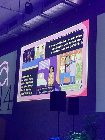 a photo of a presentation slide ahowing an in-development game by Shamika, about gender expression norms in india