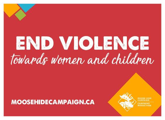 A campaign poster in support of ending violence against women and children. The poster features a red background with the white text "END VIOLENCE towards women and children", with website moosehidecampaign.ca. The top left corner has teal blue, green, orange, and yellow squares, and the bottom right includes an orange diamond overlaid with the Moose Hide Campaign logo.