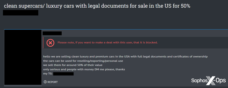 A screenshot from a criminal forum, in which a user says they are able to provide “clean luxury and premium cars in the USA with full legal documents and certificates of ownership”