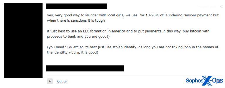 A screenshot from a criminal forum, in which a user (likely a ransomware affiliate) suggests using “local girls” for laundering money, via OnlyFans