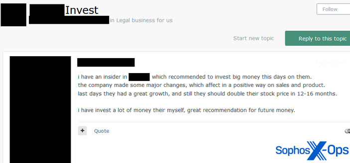A screenshot from a criminal forum, in which a user says they have an insider in a company and recommends that other users invest