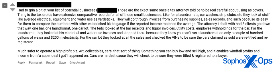 A screenshot from a criminal forum, in which a user provides details on things tax investigators look for and recommends certain businesses