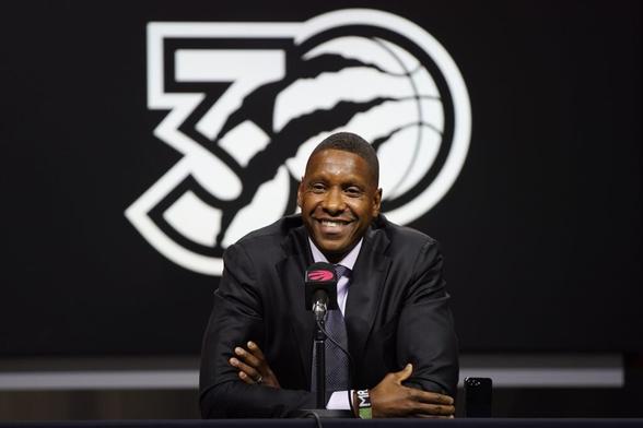 Sep 30, 2024; Toronto, Ontario, Canada; Toronto Raptors vice chairman and team president Masai Ujiri talks to the media during media day at Scotiabank Area. Mandatory Credit: John E. Sokolowski-Imagn Images