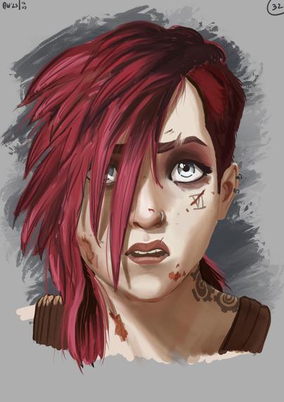 Portrait couleur de Vi Arcane saison 2, bouche entrouverte, yeux dirigés vers le ciel, cheveux en bataille, visage un peu blessé