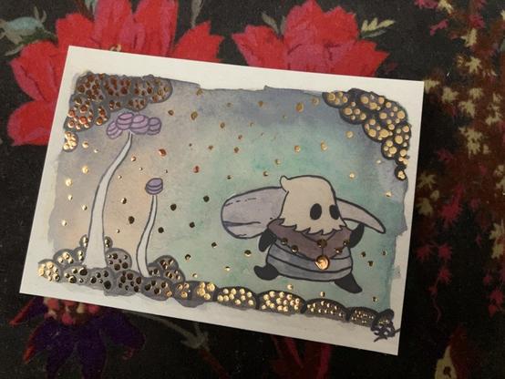 Art print of Cloth from Hollow Knight in the fungal wastes, embellished with metallic gold foiling