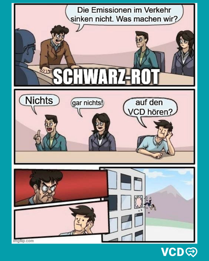 Wir sehen ein Meme. Konferenz der schwarz-roten Koalition. Der Chef sagt: "Die Emissionen im Verkehr sinken nicht. Was machen wir?" Person 1 antwortet: "Nichts." Person 2 antwortet: "Gar nichts!" Person 3 antwortet: "Auf den VCD hören?" Daraufhin blickt der Chef böse und Person 3 fliegt aus dem Fenster.