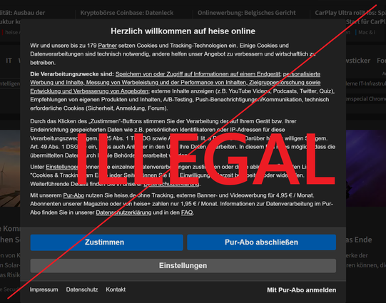 Cookie-Dialog von Heise: illegal.