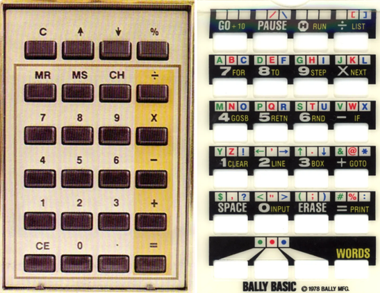 A close-up of the 4-by-6 calculator keypad on the front of the Bally Professional Arcade, and beside it, an overlay that gives each key five different functions. The unshifted function is in white, while the red, green, blue, and yellow legends are accessed via the red, green, blue, and yellow shift keys in the bottom row.