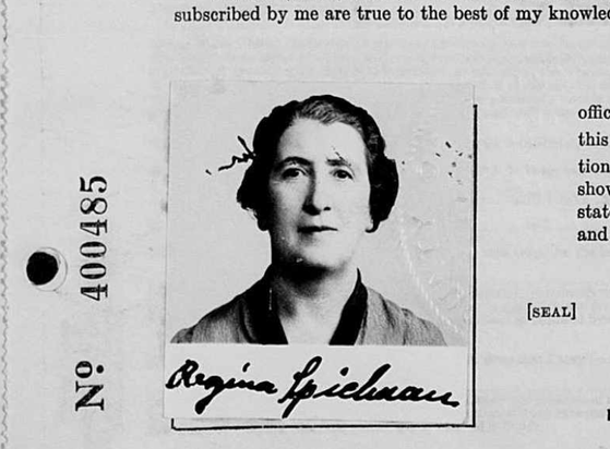 detail of an immigration form with a black and white photo of Regina Spielman with her face and signature
