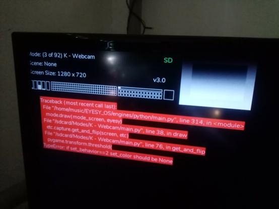 a computer monitor showing the display of the eyesy video synth, there is an error shown in red letters.